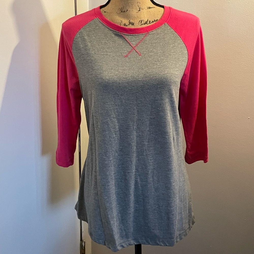 Athleta Grey Tee with Hot Pink Raglan Sleeves
